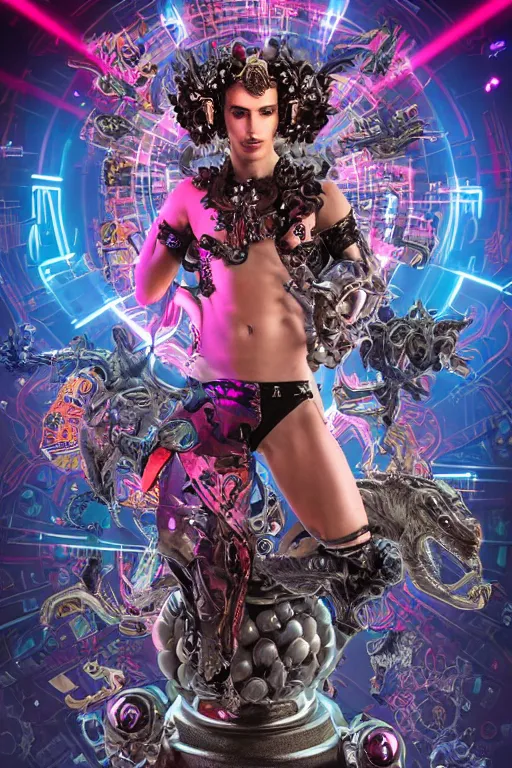 Image similar to full-body rococo and cyberpunk style sculpture of a young seductive Latino prince half android with a chest exposing circuitry, glowing pink seductive laser eyes, crown of blue gears and diamonds, swirling salmon-colored silk fabric, robotic raptors dinosaurs. baroque elements. full-length view. intricate artwork by caravaggio. art by Artgerm and Greg Rutkowski and Alphonse Mucha, Trending on artstation, cinematic industrial lighting, hyper realism, octane render, 8k, depth of field, 3D