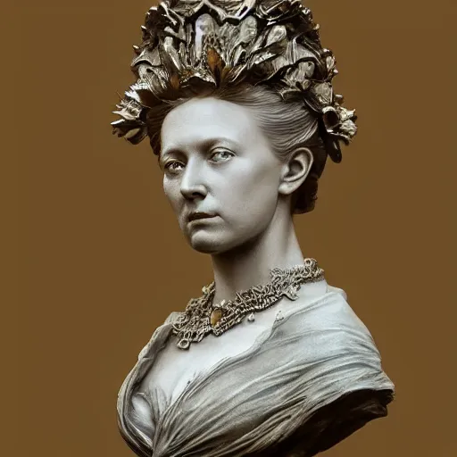 Image similar to beautiful lifelike award winning marble statue bust of dronning magrethe trending on art station artgerm greg rutkowski alphonse mucha museum quality cinematic atmospheric
