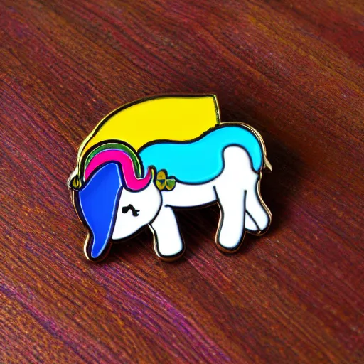 Image similar to rainbow unicorn enamel pin, product photography