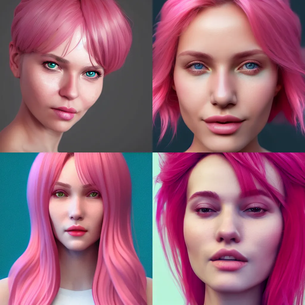 Prompt: the most beautiful woman in the world, in the style of Julia Razumova, beautiful, happy expression, cheery, unreal engine, octane rendering, 8k, closeup headshot, smooth, trending on artstation, digital illustration, pink hair