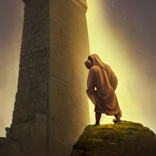 Image similar to A terrified catholic priest in his twenties fervently praying at the top of a medieval tower. He is looking horrified as a yellow shadow descends upon him from the night sky. Dramatic lighting. Award-winning digital art, trending on ArtStation