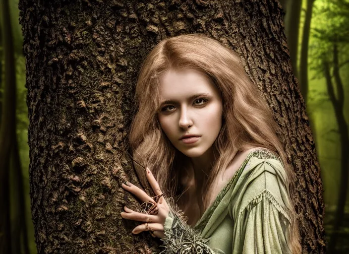 Image similar to a portrait of a real woman growing out of a tree in a magical forest. Fantasy magic horror style. Highly detailed 8k. Intricate. Nikon d850 55mm. Award winning photography.