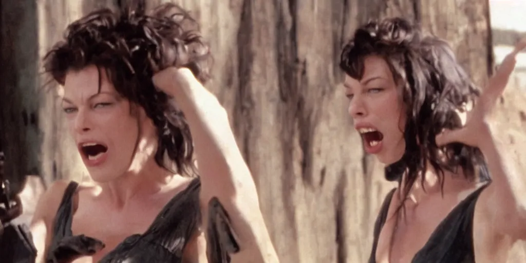 Prompt: beautiful Mila Jovovich yelling in an old west town