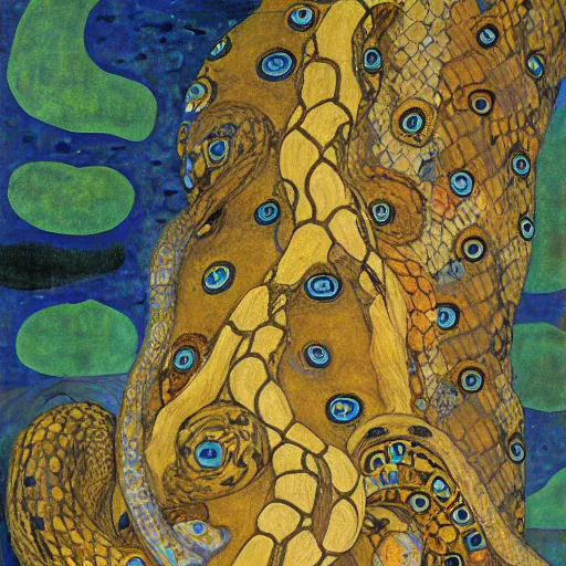 Image similar to detailed oroboros snake biting its tail frathered serpent painting by gustav klimt