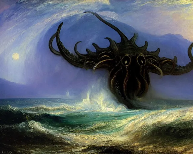 Prompt: an oil painting of cthulhu rising out of the ocean, turner