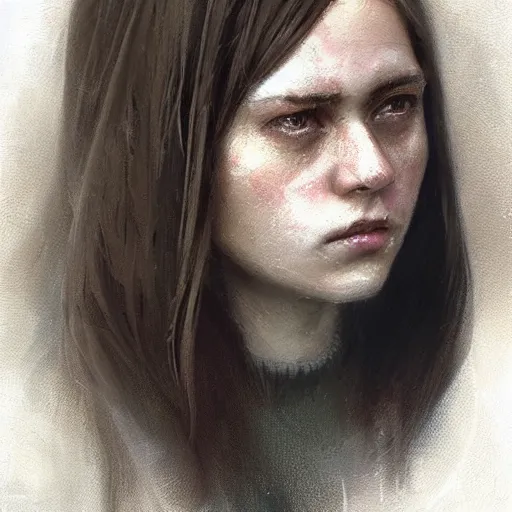 Image similar to Portrait of a woman by Greg Rutkowski, she is about 20 years old, round face, mixture turkish and russian, dark blonde hair with two strands around her face, attractive, sad and melancholy gaze, she is wearing a jumper overall, highly detailed portrait, scifi, digital painting, artstation, concept art, smooth, sharp foccus ilustration, Artstation HQ.