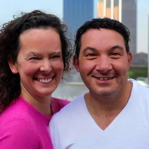 Prompt: a close up of a smiling couple of parents to be, in front of 9 / 1 1 with pink smoke, award winning