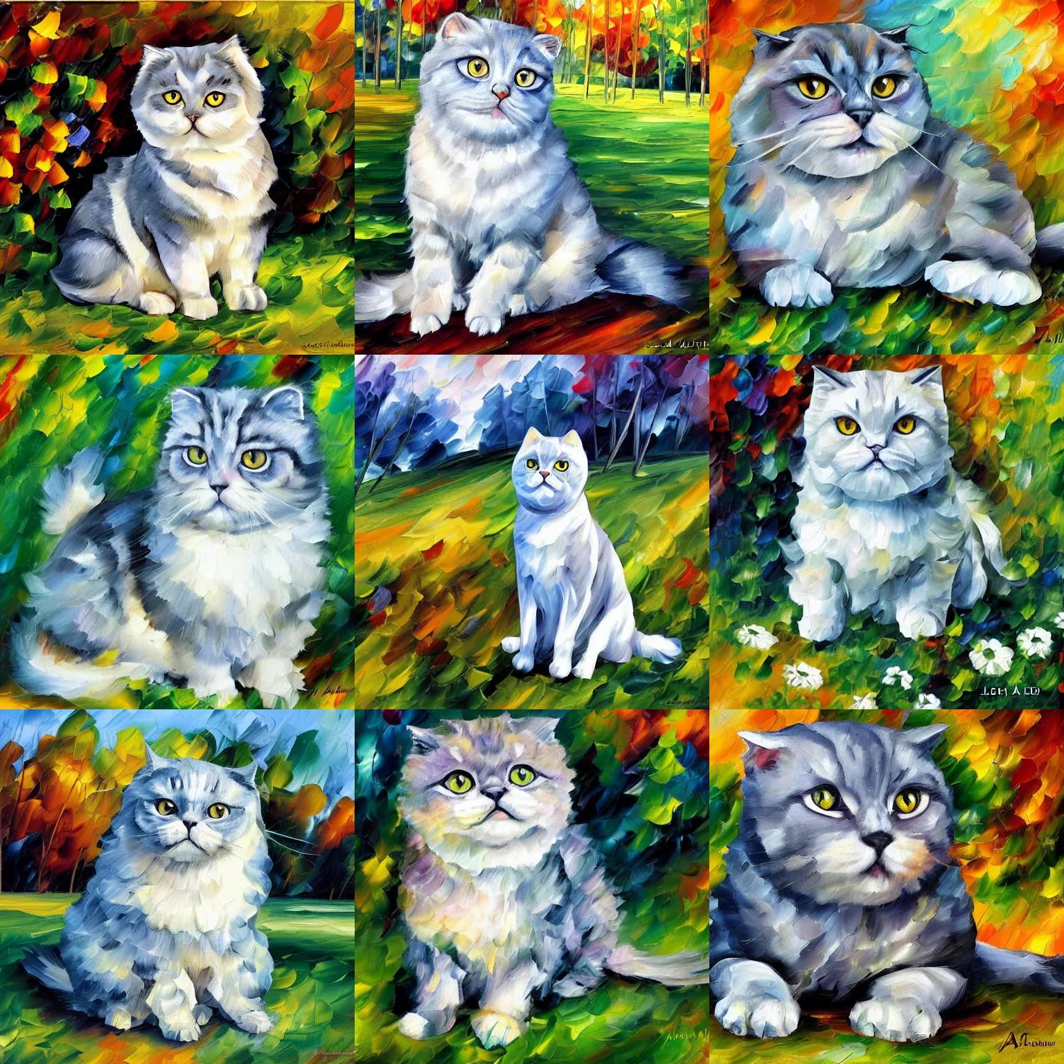 Prompt: fat gray scottish fold sitting, meadow background, by leonid afremov