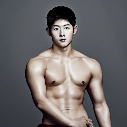 Image similar to song joong - ki portrait, young handsome asian male dnd, muscle, studio photo