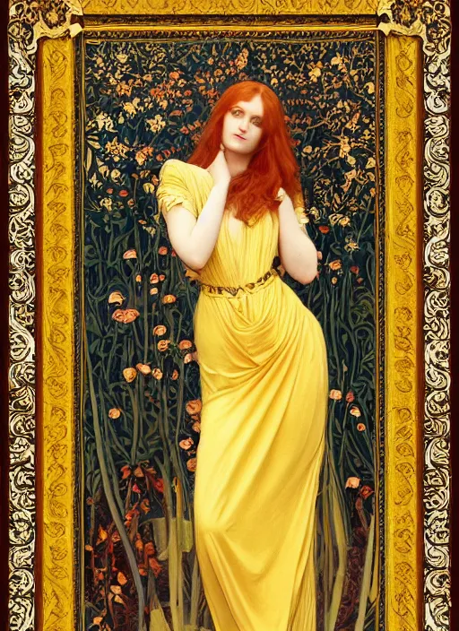 Image similar to masterpiece beautiful seductive flowing curves pose preraphaelite portrait photography, straight bangs, yellow ochre ornate medieval dress, mushroom forest arch, william morris and kilian eng and mucha, framed, 4 k