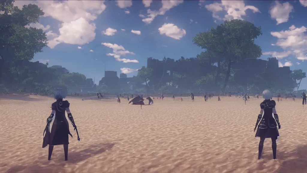 Image similar to Screenshot from Nier Automata, beautiful landscape at a beach