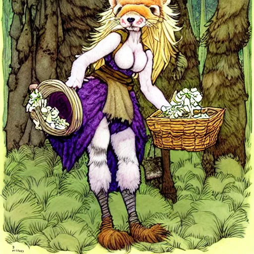 Prompt: A cute stripe-furred ferret-girl Herbalist collecting flowers in the forest. Absurdly-detailed fantasy character illustration by Rebecca Guay and Wayne Reynolds