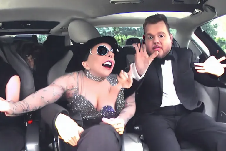 Image similar to lady gaga and judy garland doing carpool karaoke, lady gaga and judy garland, carpool karaoke, lady gaga, judy garland, carpool karaoke, youtube video screenshot, the late late show with james corden, higly realistic, high resolution, dashcam