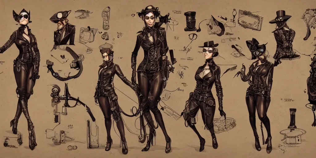 Image similar to steampunk catwoman, character sheet, concept design, contrast, kim jung gi, greg rutkowski, zabrocki, karlkka, jayison devadas, trending on artstation, 8 k, ultra wide angle, pincushion lens effect