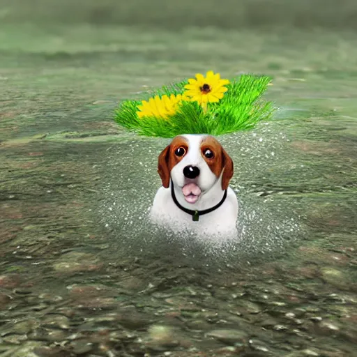 Prompt: dog in a river ultra - realistic with green flower