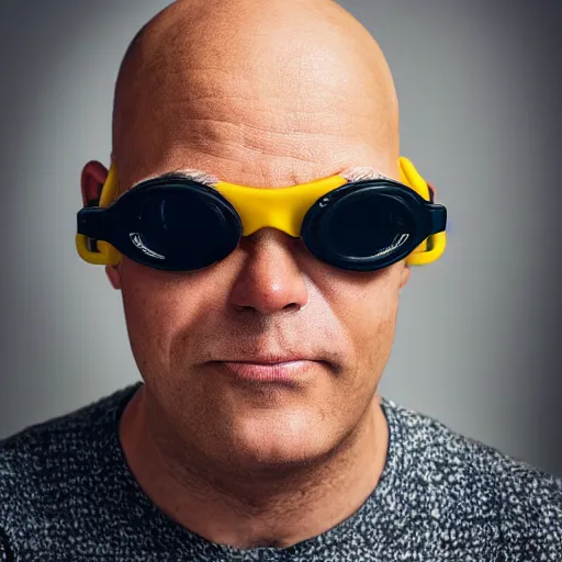 Image similar to portrait photo of a yellow skinned bald wrinkly man with stubble wearing thick round goggles and big hazel eyes, he looks like a human minion hybrid, moody lighting, realistic facial features, hyper detailed, crisp image, leica, 2 4 mm lens