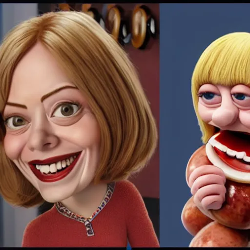 Image similar to hyperrealistic emma stone caricature surrounded by big fat frankfurter sausages by bob byerley and aardman animation, mascot, target reticles