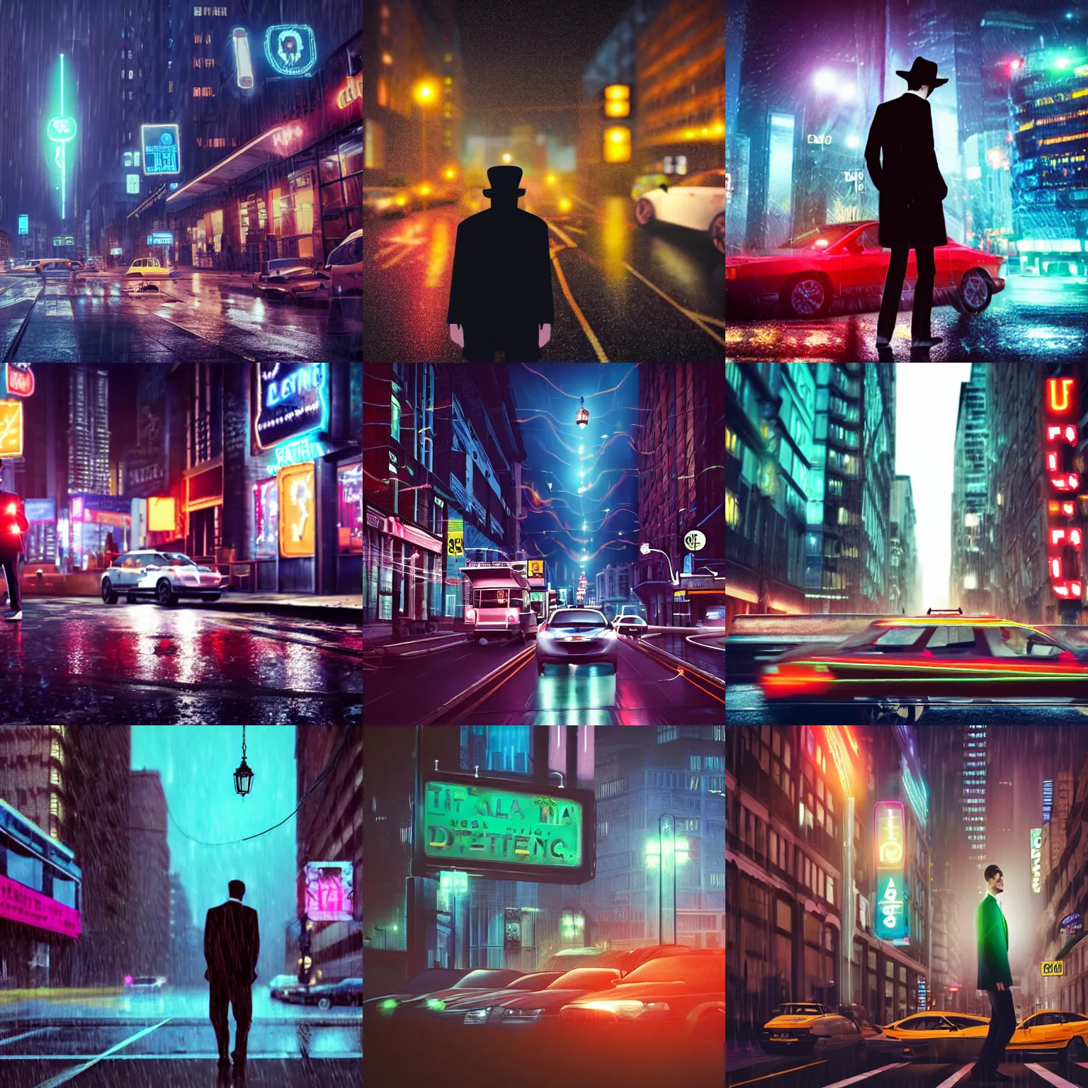 Prompt: a tall detective in a rainy ultra realistic city neon lights flying cars overhead