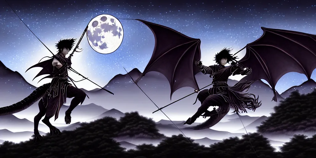 Image similar to korean archer. asian dragon. night sky. moon. river. mountain. dark fantasy. high resolution. dungeons and dragons. fantasy. detailed. digital art. dark fantasy. kentaro miura