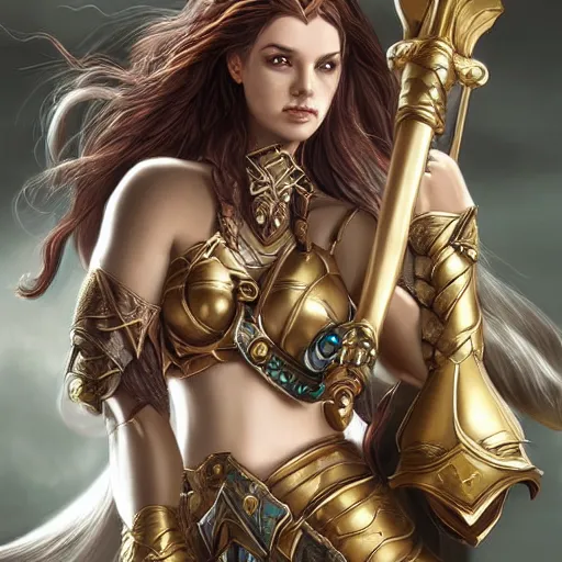 Image similar to fantasy woman with armor emerging from the sea holding a staff made with mother-of-pearl, by Artgerm, medium shot