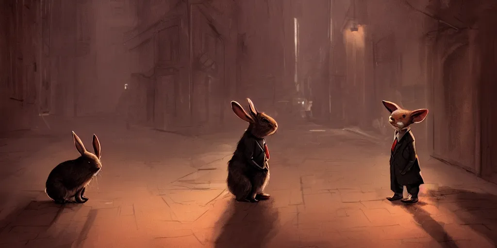 Image similar to rabbit wearing a tie is talking to a detective ferret in a dark alley, warm color palette, night time, dramatic lighting, noir film, character sheet, fine details, high contrast, blacksad, kim jung gi, greg rutkowski, trending on artstation, 8 k, front view, back view, ultra wide angle