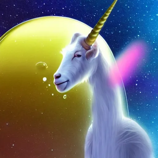 Image similar to a goat travelling on a bubble that looks like a unicorns back, mystical fantasy, concept art