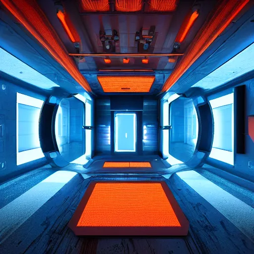 Prompt: Sci-Fi reactor room with console and dirt, top view, dark light, soft blue glow, electronics orange lights, very dark