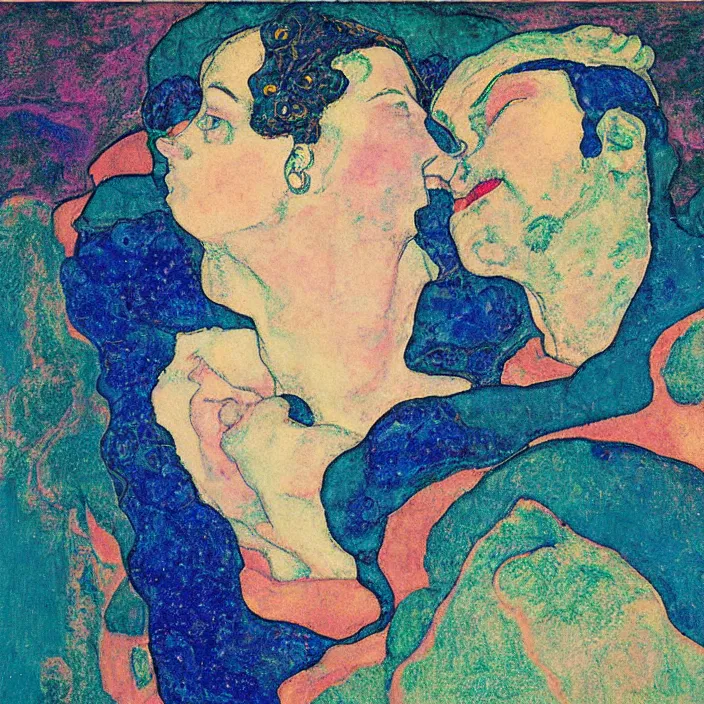 Image similar to close portrait of woman and man kissing. aurora borealis. iridescent, psychedelic lapis - lazuli, turquoise colors. painting by egon schiele, agnes pelton, utamaro, monet