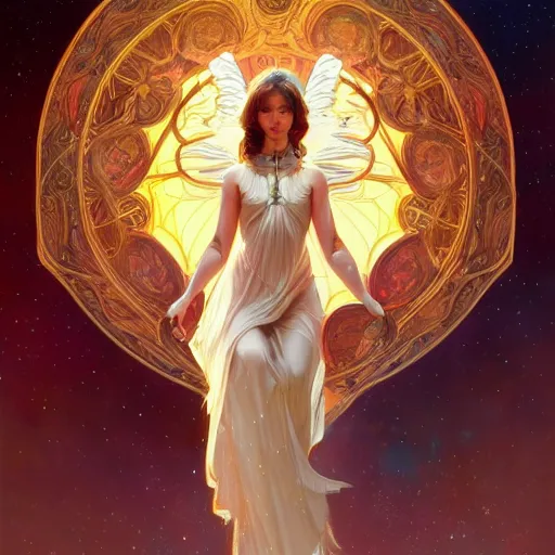 Image similar to a female angel floating in cosmos, intricate, highly detailed, digital painting, artstation, concept art, smooth, sharp focus, illustration, unreal engine 5, 8 k, art by artgerm and greg rutkowski and alphonse mucha