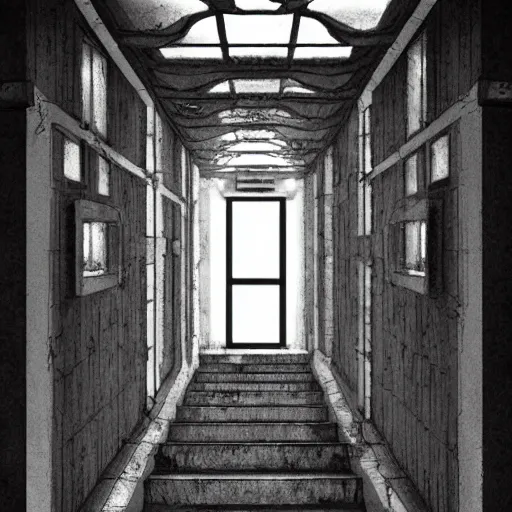 Image similar to a bright white hallway with many doors and stairs full of fungus and mushrooms and rot, Mc Escher architecture, decay, artstation