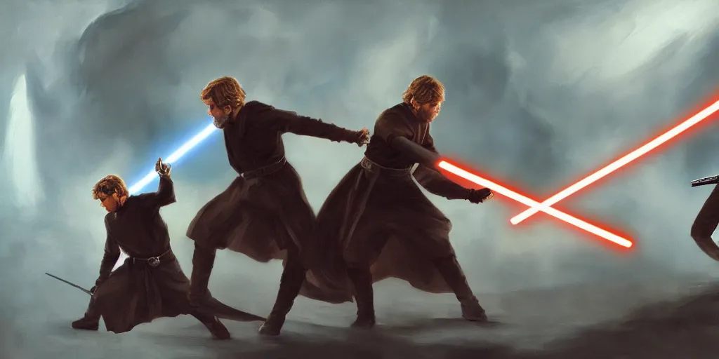 Image similar to painting of anakin skywalker and obi wan kenobi duel, mustafar, deviantart, canvas painting, detailed environment, painting, art, futuristic, dark, sharp focus, smooth, environment, star wars