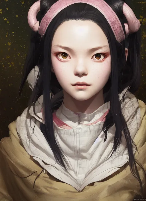 Image similar to nezuko, au naturel, hyper detailed, digital art, trending in artstation, cinematic lighting, studio quality, smooth render, unreal engine 5 rendered, octane rendered, art style by klimt and nixeu and ian sprigger and wlop and krenz cushart