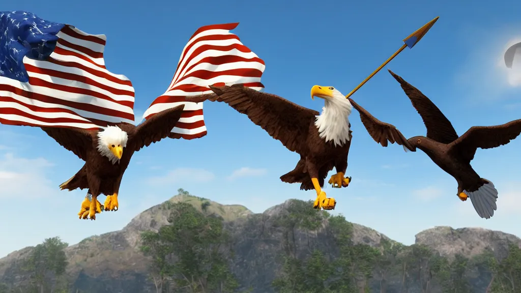 Prompt: a dog with a trident flying with a bald eagle, bald eagle, patriotic, highly detailed, unreal engine