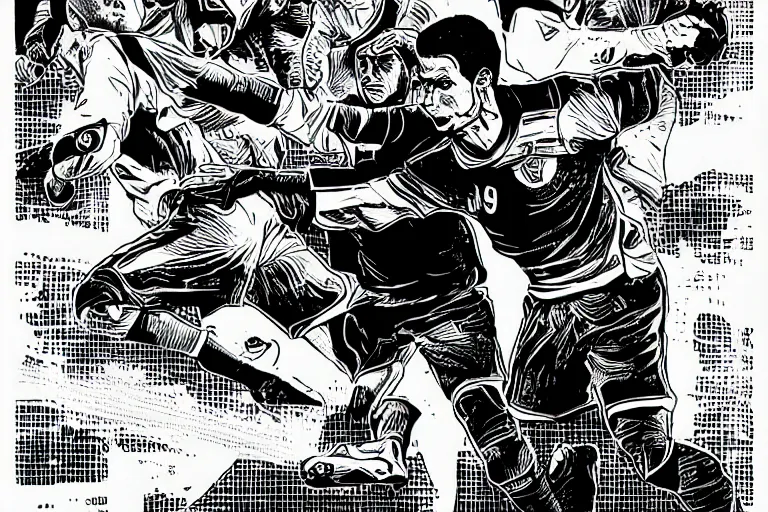 Image similar to cristiano ronaldo playing football, a page from cyberpunk 2 0 2 0, style of paolo parente, style of mike jackson, adam smasher, johnny silverhand, 1 9 9 0 s comic book style, white background, ink drawing, black and white