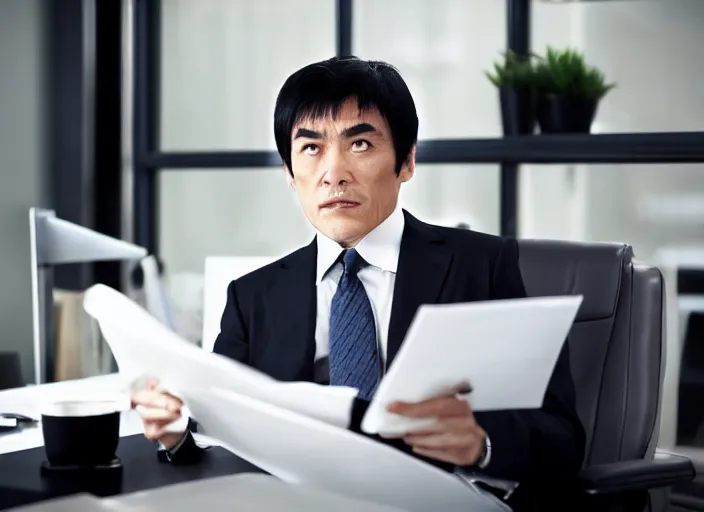 Image similar to heihachi mishima as a well dressed ceo sitting in an office photoshoot