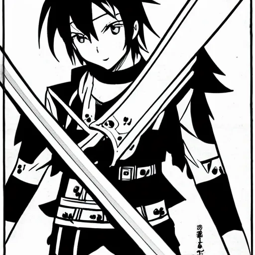 Image similar to young anime hero with a sword, illustrated by mato and ken sugimori, manga, black and white illustration
