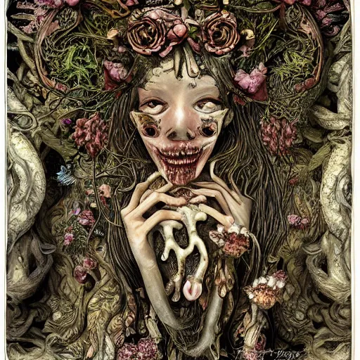 Image similar to a beautiful detailed front view baroque portrait of a rotten woman corpse with fractal plants and fractal flowers and mushrooms growing around, intricate, symmetrical, ornate, ornamentation, bones, art nouveau style