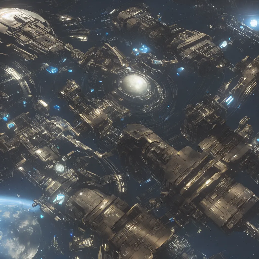 Image similar to Giant cyberpunk dieselpunk space station viewed from the outside in the style of Star Citizen, Highly Detailed