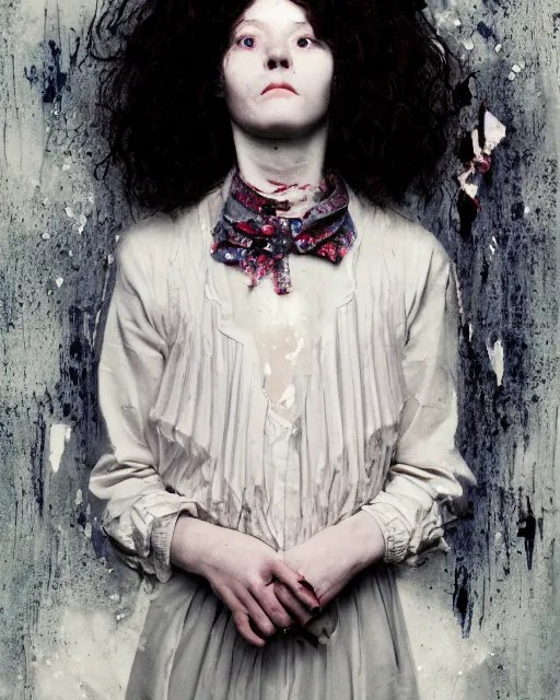 Prompt: an instant photo of a beautiful but creepy girl in layers of fear, with haunted eyes and curly hair, wearing a vivienne westwood collar, 1 9 7 0 s, seventies, wallpaper, moorland, a little blood, moonlight showing injuries, delicate embellishments, painterly, offset printing technique, by mary jane ansell