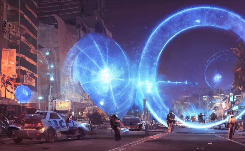 Prompt: people with posters attacking cops, a huge blue spiral - shaped white luminous attractor is floating on the horizon near the sun, stores in los angeles with light screens all over the street, concept art, art for the game, professional lighting, dark night lighting from streetlights