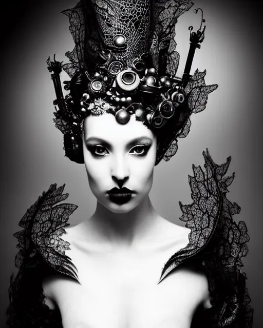 Prompt: a black and white high quality dreamy photo of a young beautiful female queen-silver dragon-vegetal-flower-cyborg black lace face-veiled bust with a very long glass steampunk cyborg neck, elegant, highly detailed, poetic, soft, dreamy, mysterious, high fashion, in the style of Horst P. Horst, Metropolis, Realistic, Refined, Digital Art, Highly Detailed, Cinematic Lighting, rim light, black and white, photo-realistic, 8K