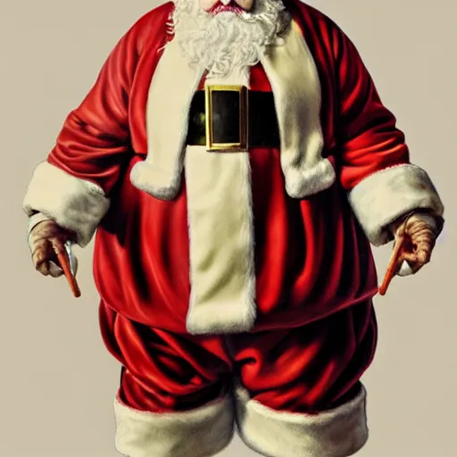 Image similar to frontal torso view of evil santa claus with cream colored cap and cream colored robe, red mouth, greenish cream colored background, fine art, award winning, intricate, elegant, sharp focus, cinematic lighting, digital painting, 8 k concept art, by michael hussar and greg manchess and brom and z. w. gu, 8 k