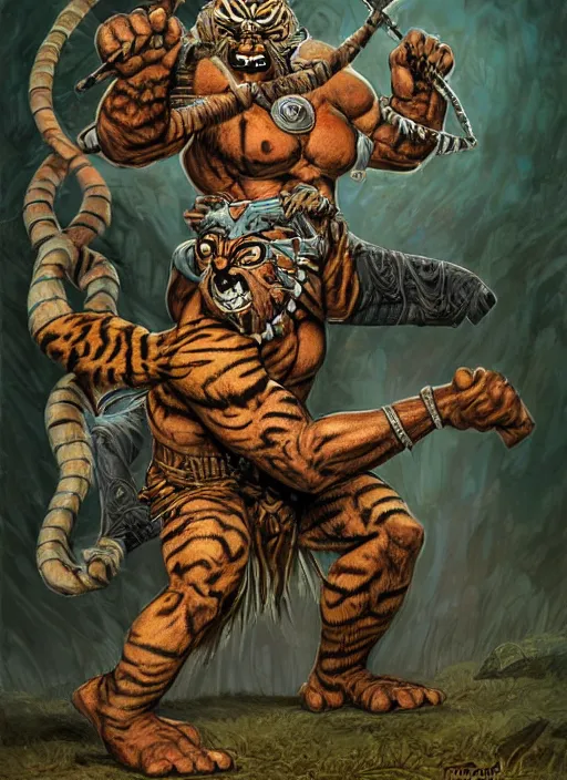 Prompt: tigerman, digital illustration for pathfinder, full body, by Wayne Reynolds, tony diterlizzi, frazetta, tim seeley, 2005, HQ scan, intricate details, MOTU, Monster Manula, Fiend Folio, D&D monster, fantasy art, artstation trending