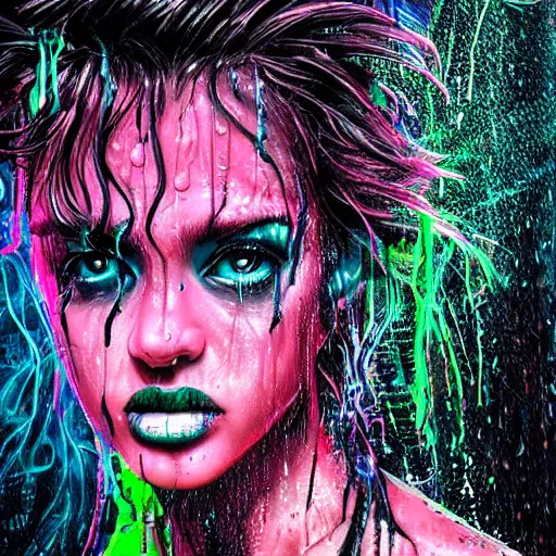 Prompt: splashes of neon, punk portrait made out of paint with rain in the background, trending on artstation, epic composition, emotional, beautiful, rendered in octane, highly detailed, realistic, tim burton comic book art, sharp focus, matte painting