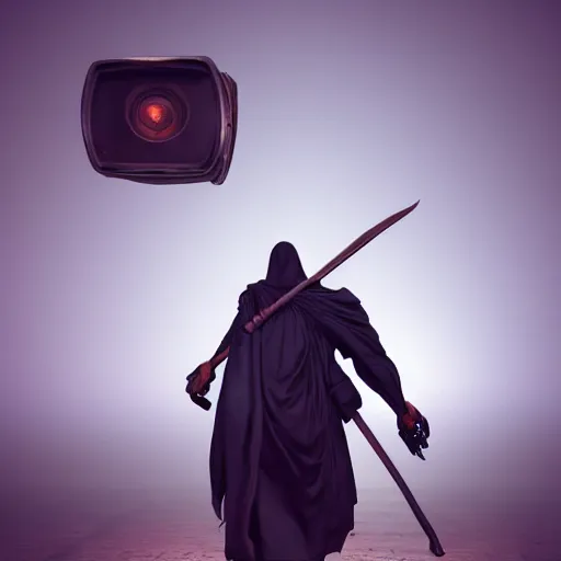 Image similar to a grim reaper carrying a crt monitor. the monitor has a blue screen with white letters. by frank frazetta, simon bisley, brom, concept art, octane render, unreal engine 5, highly detailed, high quality, 8 k, soft lighting, realistic face, path traced