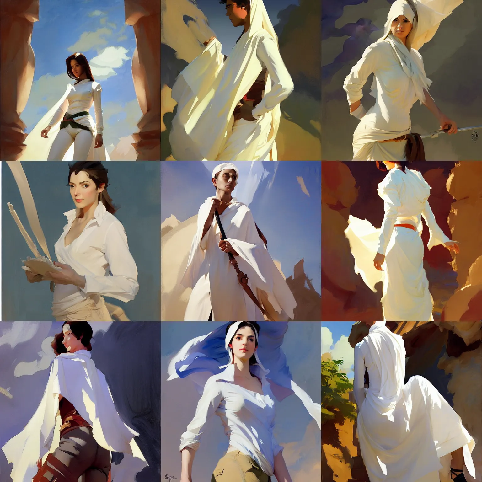 Prompt: white cloth fabric jodhpurs greg manchess painting by sargent and leyendecker, studio ghibli, fantasy, medium shot, asymmetrical, intricate, elegant, matte painting, illustration, hearthstone, by greg rutkowski, by greg tocchini, by james gilleard, by joe fenton