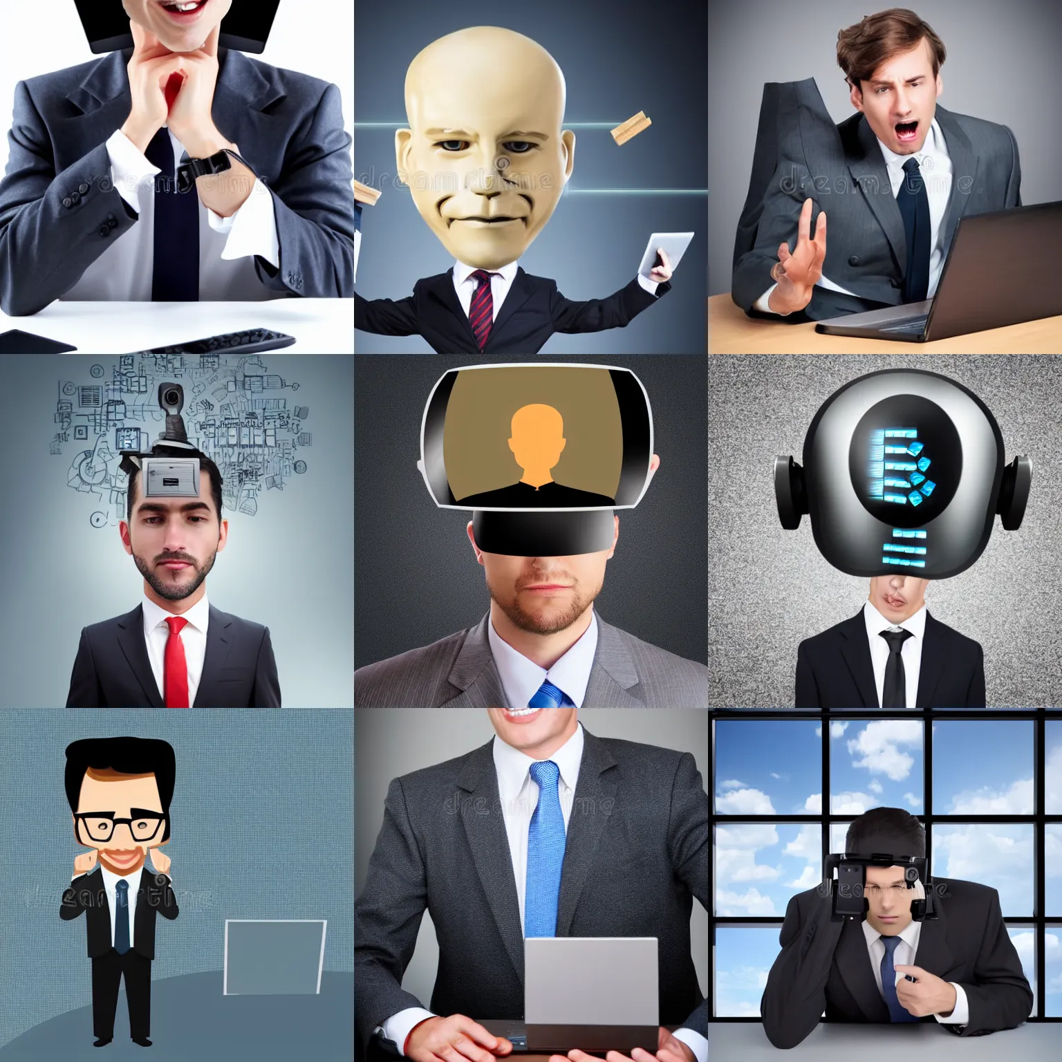 Prompt: a business man with a computer head, stock image