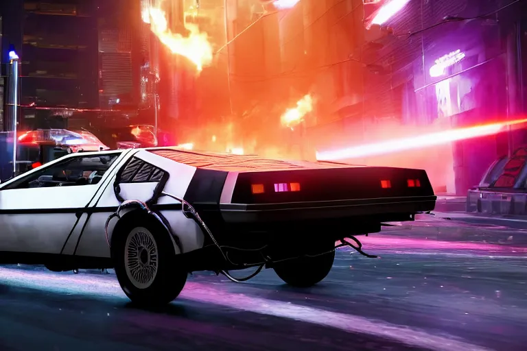 Image similar to photo of the back to the future delorean being chased by police on wet cyberpunk city streets at night, rocket league tank, mad max, action, speed, volumetric lighting, hdr, gta 5, makoto shinkai, syd mead, borderlands, fast and furious, octane, 8 k, iso 1 0 0, 1 2 mm