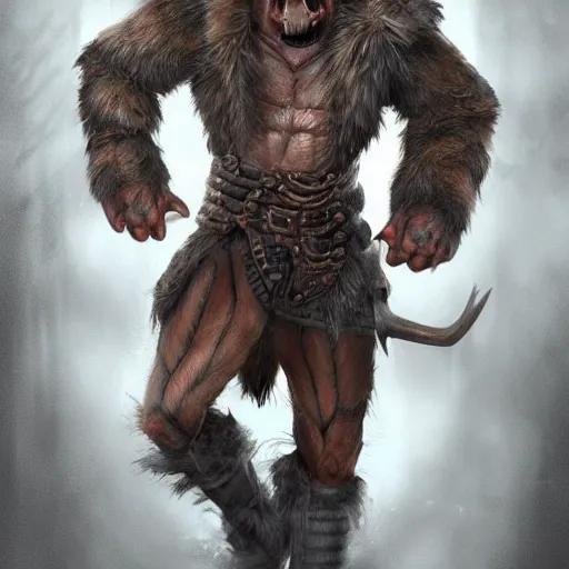 Image similar to A full body shot of a handsome orc looking into the camera wearing a fur jacket and boots, full body shot, artstation, realistic, highly detailed, symmetrical, hyper realism, high detail, octane render, unreal engine, 8k, fantasy art, intricate, highly detailed, concept art, art by artgerm