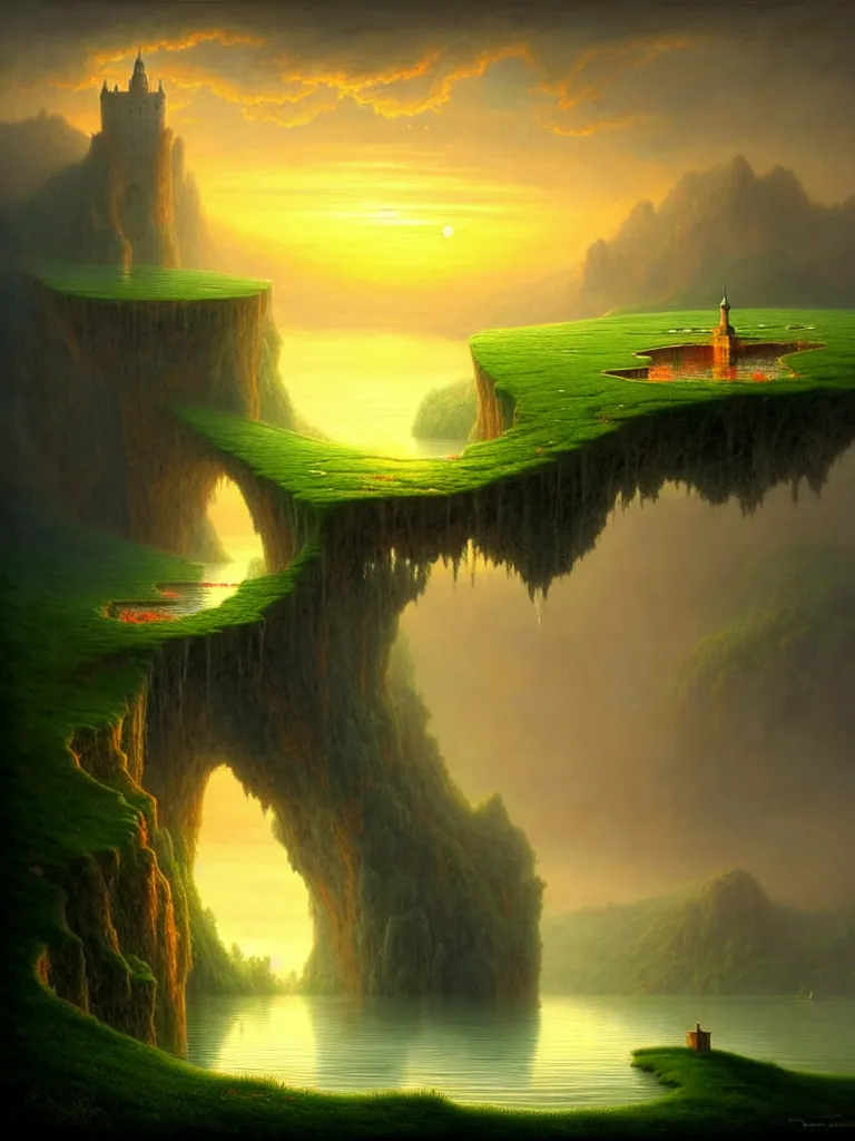 Image similar to gediminas pranckevicius an immense gigantic ornated iron cup with a lake inside, water in excess droping by thomas cole, boats, castle, sunset, volumetric light, godrays